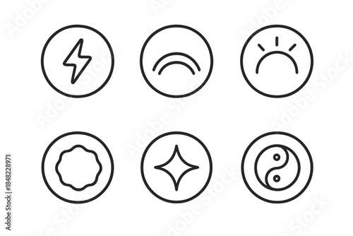 Subtle Energy Icons. Line style round vector icons of Subtle Power: faint voltage, curved beam, glowing curve, static ring, soft