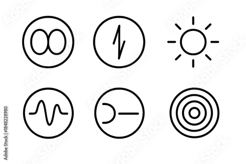 Static Peace Icons. Line style round vector icons of Static Peace: balanced loop, frozen current, glowing ring, smooth pulse,