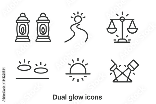 Dual Glow Lanterns. Line style round vector icons of Dual Glow: paired lanterns, luminous path, balanced light, twin halos,