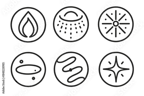 Symmetrical Illumination Icons. Line style round vector icons of Symmetric Illumination: mirrored flame, curved glow, radiant