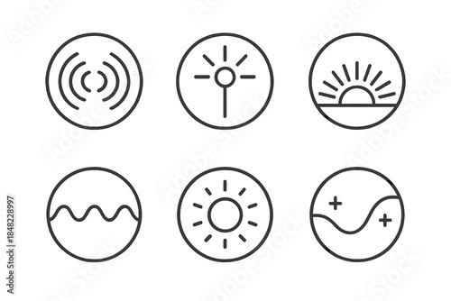 Electromagnetic Elements Icons. Line style round vector icons of Electromagnetic Edge: field ripple, glowing pole, radiant horizon