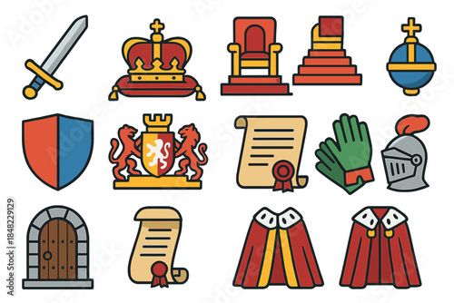 Regal Icons Collection. Flat vector icons of Kingly Authority: royal sword, crown on cushion, throne steps, sceptre, heraldic