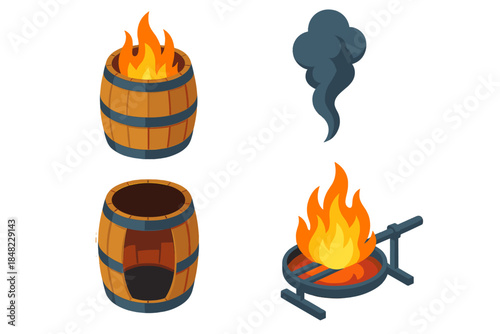 Barrel Toasting Scene. Isometric vector illustration set Barrel Toasting Scene: Open flame inside barrel, rising smoke trail, heat