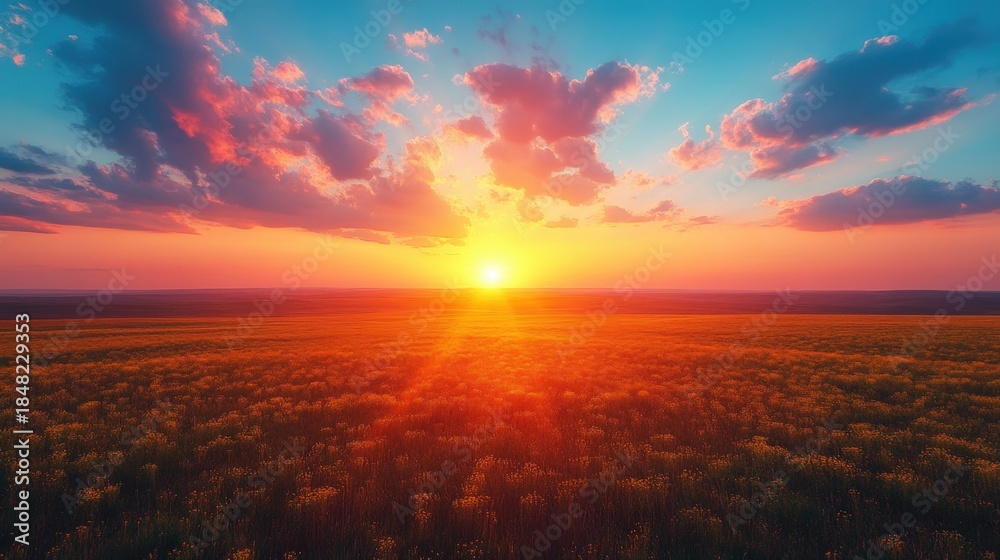 Fototapeta premium A field of flowers is illuminated by a vibrant sunset with a gradient sky of blue and orange.