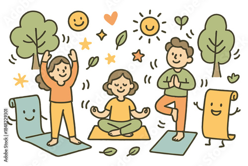 Cheerful Doodle Workout. Adorable doodle resilience training with happy group exercises, smiling yoga mats, cartoon trees swaying