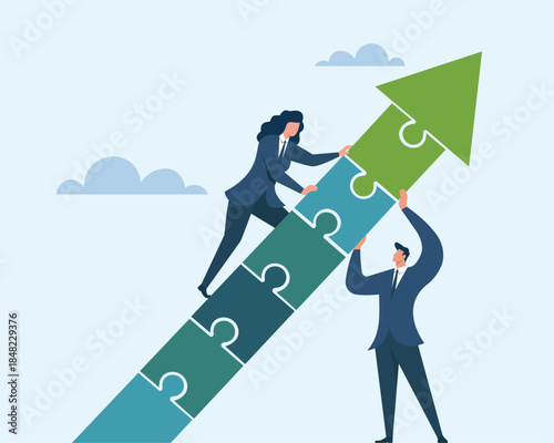 Teamwork builds a rising puzzle arrow that symbolizes cooperation, strategy, and joint effort to drive business growth and success, Collaboration for Growth, Teamwork and Support