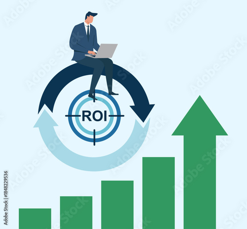 Businessman analyzing ROI growth with laptop, circular arrows and rising bar chart, symbolizing strategy, performance tracking and increasing investment returns, ROI analysis, Business growth