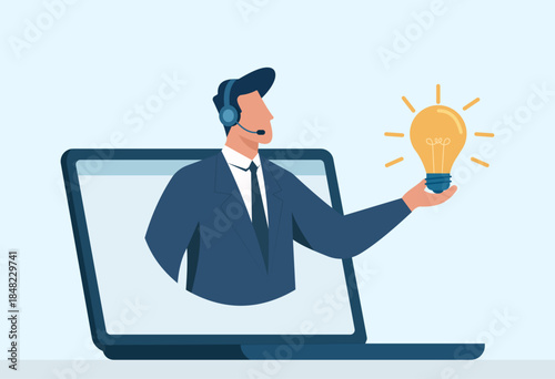 Online customer support agent sharing bright business idea through virtual assistance, remote tech help, and innovative communication on a laptop screen