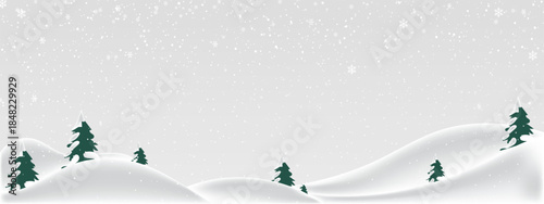 snowy winter forest hills, simple white snowdrifts with evergreen trees and pale sky illustration