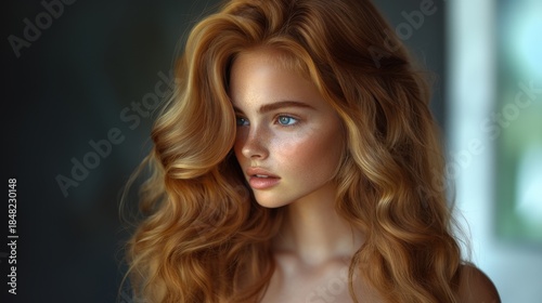 A woman with long, wavy hair and freckles gazes to her left with a calm expression.