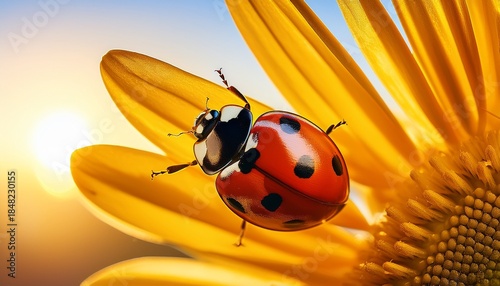 ladybug in the sun a cheerful ladybug with intricate patterns displaying its wings gracefully against a vibrant yellow backdrop showcasing nature s exquisite design