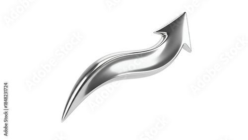 Shiny Silver Curved Upward Arrow 3D Render, Isolated on Transparent Background