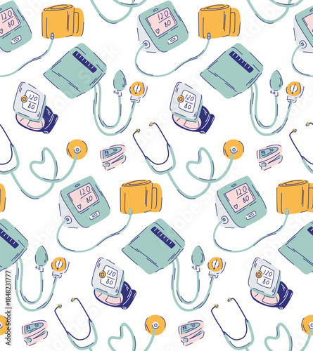 Pattern blood pressure testing with a sphygmomanometer, tonometers, and pulse oximeter on white