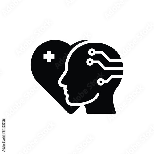 heart with medical cross and human head with circuit board