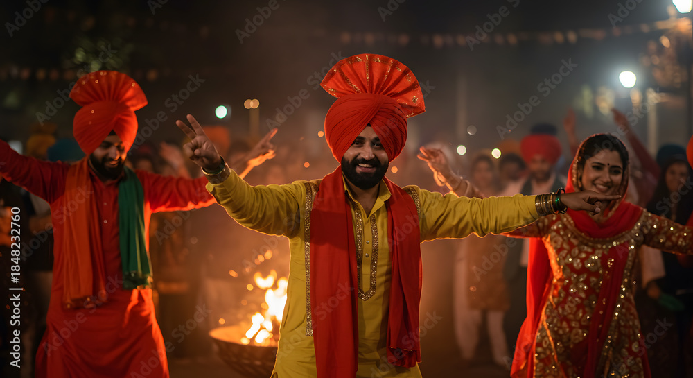 Fototapeta premium Happy Man In Yellow Traditional Dress And Orange Turban Dancing Near Bonfire During Lohri Festival Night Celebration