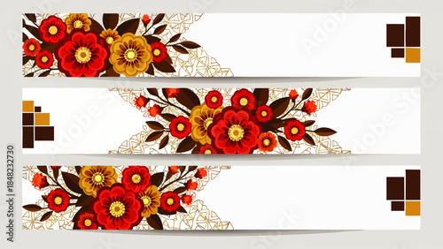 Set of three decorative floral banners with red and yellow flowers and brown leaves on a white background with geometric elements