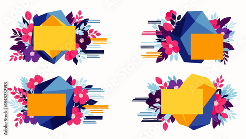 Set of four abstract geometric banners with floral and stripe elements, perfect for design and decoration