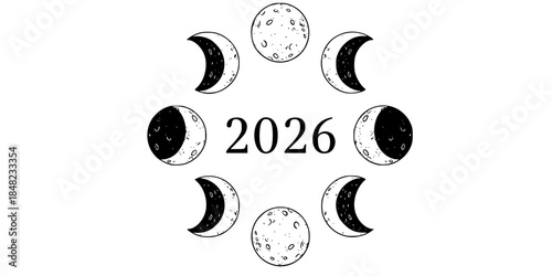 Moon Phases Circle 2026 Boho Vector Illustration Celestial Design