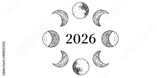 Moon Phases Circle 2026 Boho Vector Illustration Celestial Design