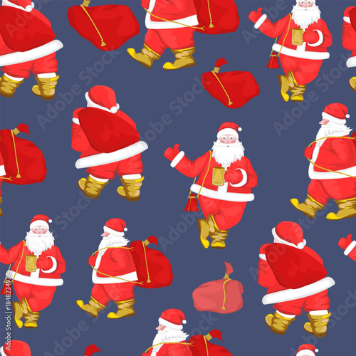Seamless pattern with Santa Clauses on a blue background