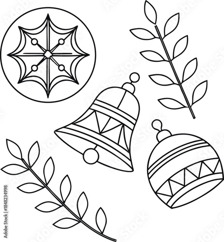 Christmas ornaments and floral patterns in black and white line baubles bell
