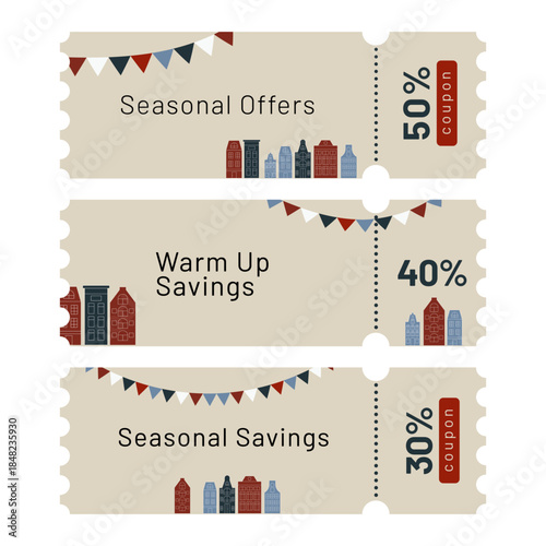 Seasonal coupon set with cozy city illustrations, decorative bunting and clean typography. Horizontal voucher templates highlight discounts and savings, designed for retail promotion