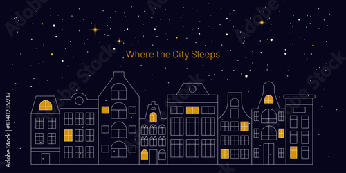 Minimal night city illustration with glowing windows, starry sky and quiet streets. Line art buildings create a calm urban mood, evoking silence, mystery and peaceful atmosphere of a sleeping town