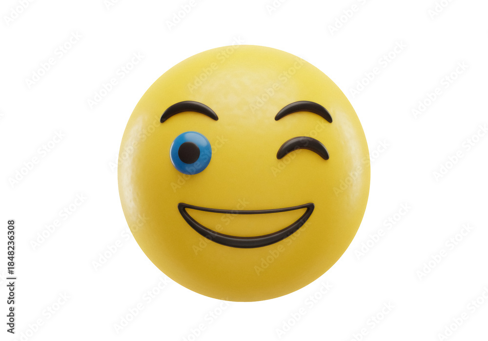Fototapeta premium Yellow winking emoji PNG isolated on transparent background, playful emoticon with one eye open for social media and digital communication