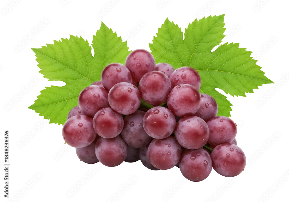 Fototapeta premium Fresh red grapes with leaves isolated PNG, juicy fruit on transparent background for healthy eating and summer designs