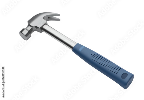 Claw hammer isolated PNG on transparent background, metal tool with blue handle for construction and home improvement projects