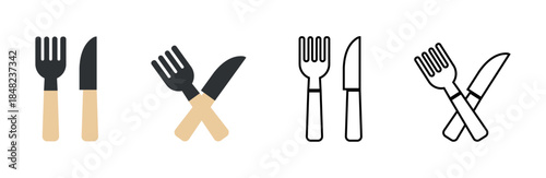 A collection of modern fork and knife icons in multiple styles, including flat design and outline, with options for separated or crossed utensils. Ideal for culinary and dining themes.