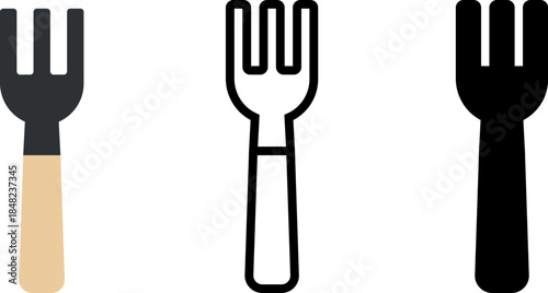 A set of three stylized fork icons, presented in flat color, outline, and solid black styles. Ideal for kitchenware, dining, restaurant, and food-related design projects, web, or app interfaces.