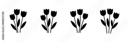 Minimalist black tulip silhouettes, perfect for spring designs. Four charming bouquets in a simple, iconic flat vector style on a clean white background.