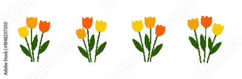 Four charming pixel art bouquets of tulips in vibrant yellow and orange, with green stems and leaves, on a clean white background. Perfect for retro spring designs or digital crafts.