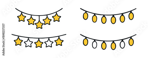 Set of festive doodle string lights and star garlands with yellow glowing bulbs and stars. Features filled and outlined designs, perfect for cheerful holiday decorations and celebrations.