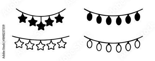 A collection of simple black and white hanging decorations and string lights. Includes filled and outline star garlands, and oval-shaped light bulbs, perfect for festive designs.