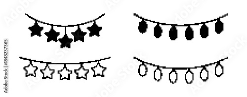 Set of pixel art string lights featuring stars and oval bulbs, both filled and outlined versions. Perfect for retro game design, holiday decor, or digital celebrations.