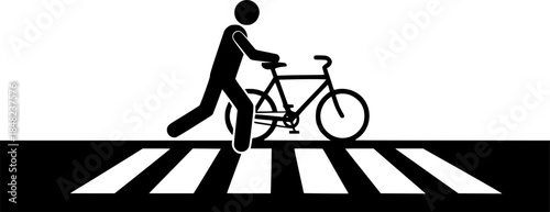 Pedestrian and Bicycle Crossing: A simple yet powerful icon representing a person walking and pushing a bicycle across a crosswalk. Emphasize safe pedestrian and cyclist interaction