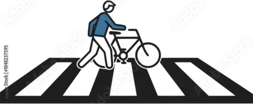 Pedestrian and Bicycle Crossing: A simple yet powerful icon representing a person walking and pushing a bicycle across a crosswalk. Emphasize safe pedestrian and cyclist interaction