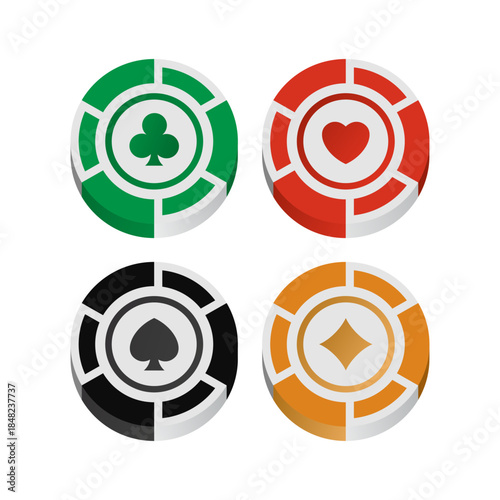 Isometric Poker Chips set with Card Suits isolated on white background