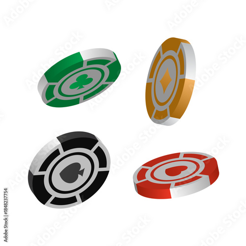 Isometric Poker Chips set with Card Suits isolated on white background