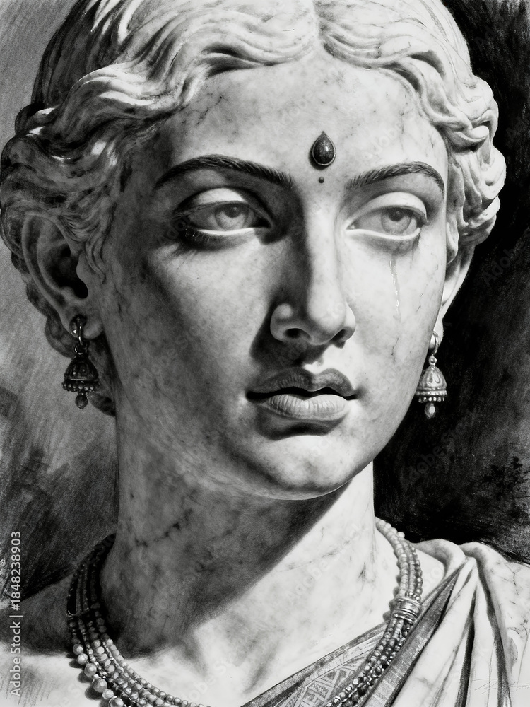 Fototapeta premium Marble statue of an Indian woman with bindi and jewelry, close up black and white portrait with classical sculptural details