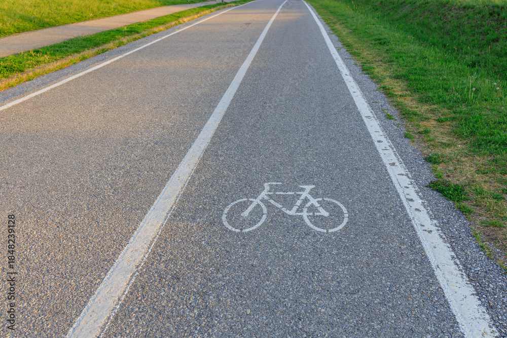 Obraz premium Bike symbol is drawn on the road to indicate a bike lane