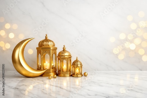 Luxury 3D Golden Ramadan Lanterns and Crescent Moon on White Marble Background