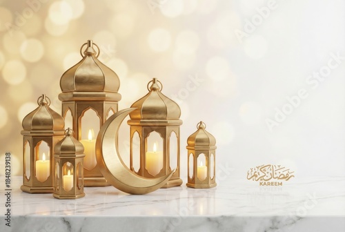 Luxury 3D Golden Ramadan Lanterns and Crescent Moon on White Marble Background