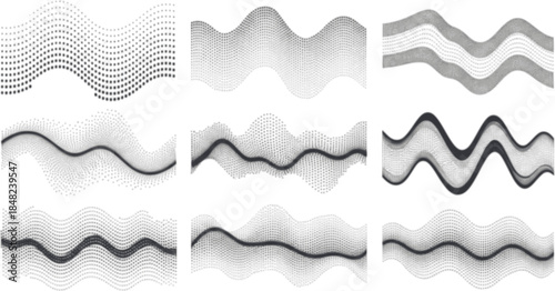Dotted shape. Abstract halftone dot pattern with wavy half tone gradient shapes, dotted texture curves and smooth dot wave elements on white background. Vector set