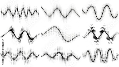 Dotted shape. Abstract halftone dot pattern with wavy half tone gradient shapes, dotted texture curves and smooth dot wave elements on white background. Vector set