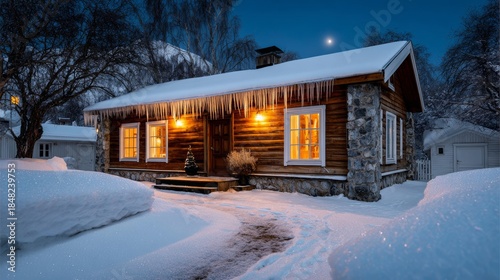 A log cabin with icicles hanging from the roof. The house is surrounded by snow and the night sky is lit up by the moon. Scene is cozy and peaceful