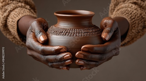 A person is holding a brown vase in their hands. The vase is made of clay and has a unique design. The person's hands are covered in clay, indicating that they have been working on the vase