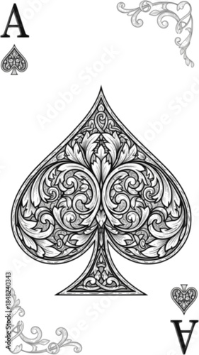 An ace of spades filigree symbol abstract playing card scroll pattern design motif in a vintage etched style